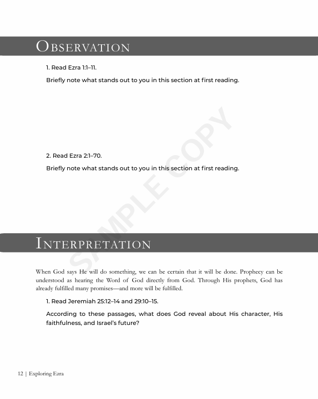 Lesson page from Exploring Ezra showing Observation and Interpretation study sections with Bible verses for guided reading