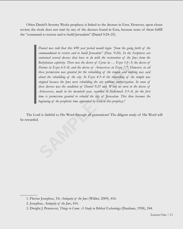 Excerpt from a printed page of a book or academic paper with a highlighted quote about Daniel's prophecy and the rebuilding of Jerusalem, followed by a closing statement and references at the bottom.