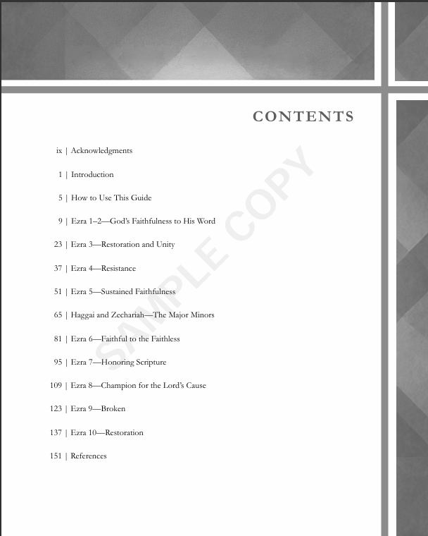 Table of contents from Exploring Ezra: Return, Rebuild, Restore — 10-lesson Bible study guide