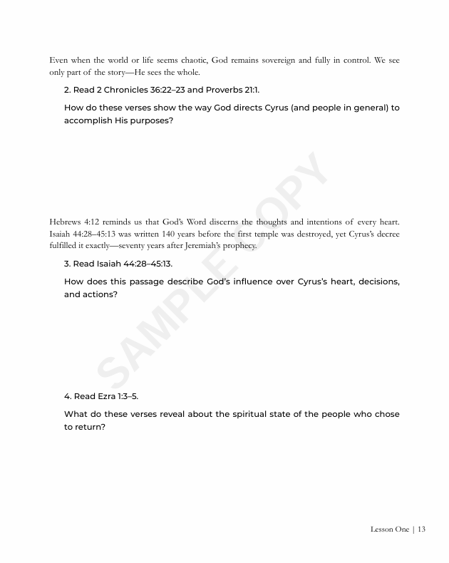 A page from a religious study guide with instructions and questions about Bible passages, including 2 Chronicles, Proverbs, Hebrews, Isaiah, and Ezra.