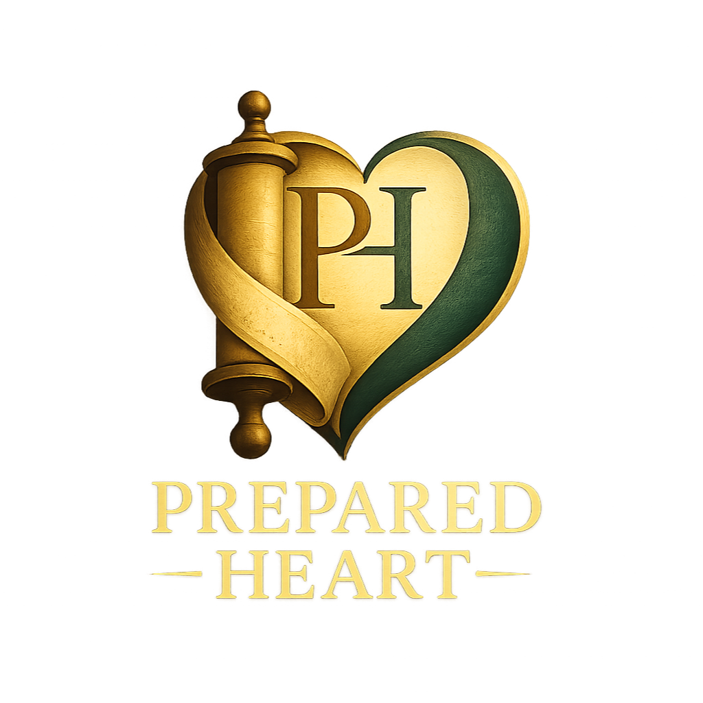 Logo featuring a golden scroll and a heart shape with the letters 'PH' inside, and the words 'PREPARED HEART' below.