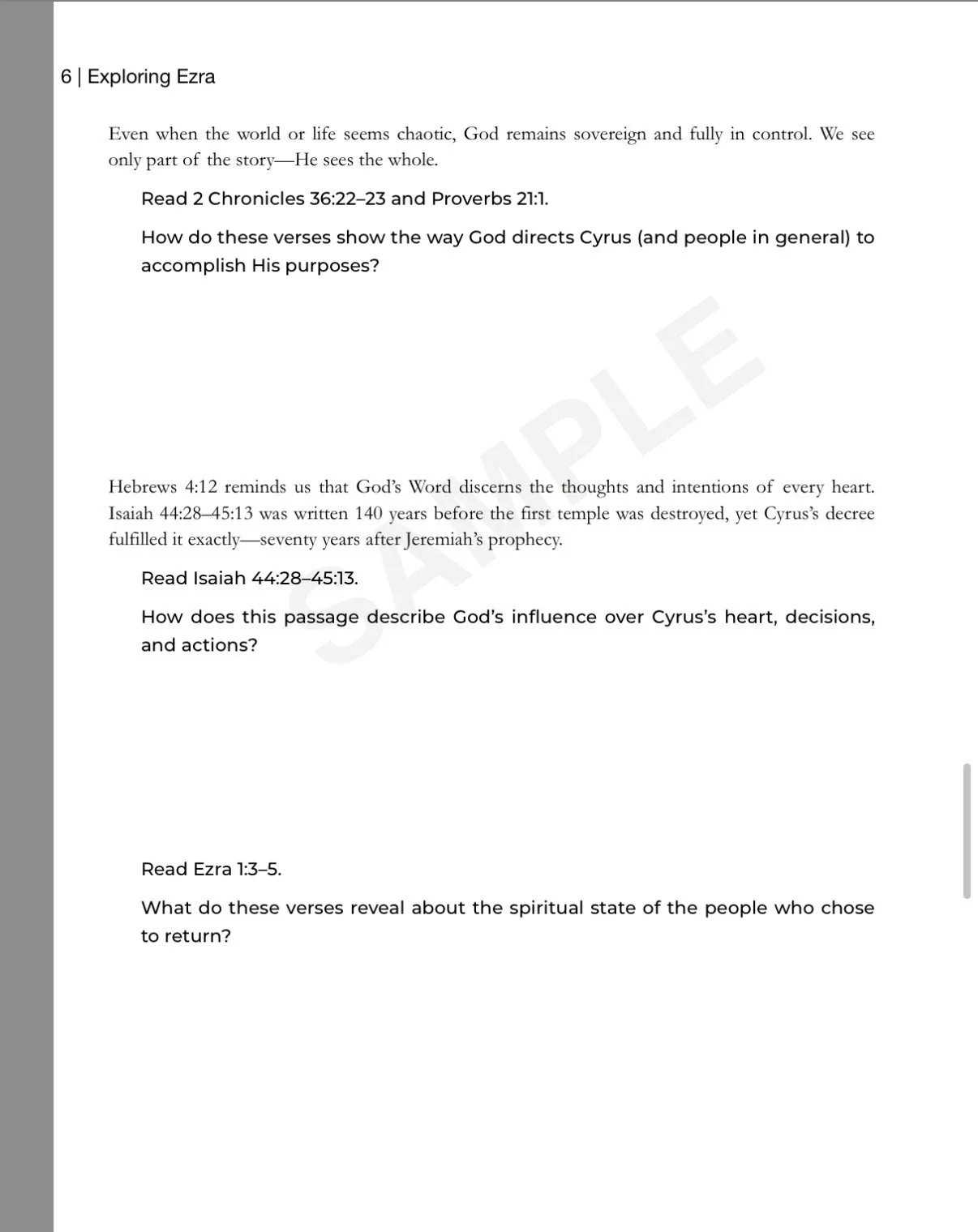 Sample lesson page from Exploring Ezra showing Observation and Interpretation study questions for Lesson 1