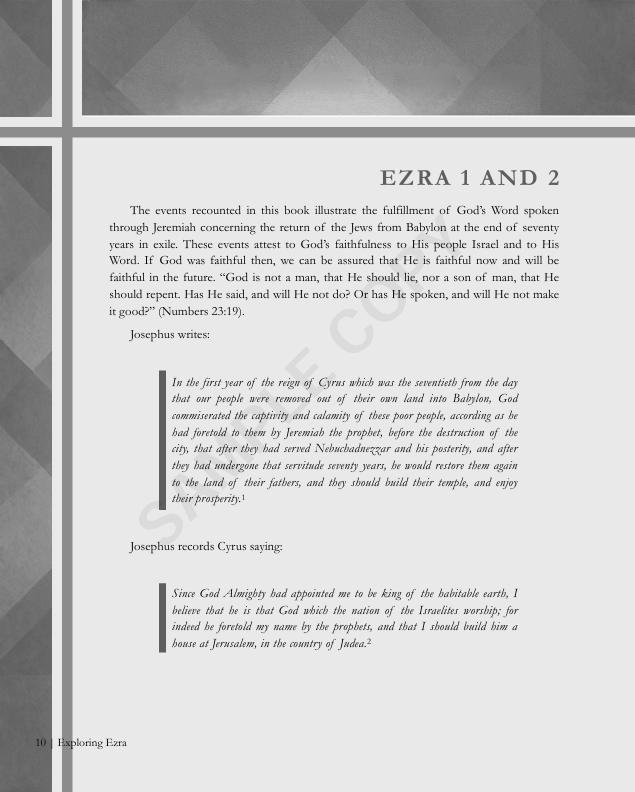 A page from a book titled 'EZRA 1 AND 2' with text discussing biblical events, prophets, and the return of the Jews from Babylonian exile.