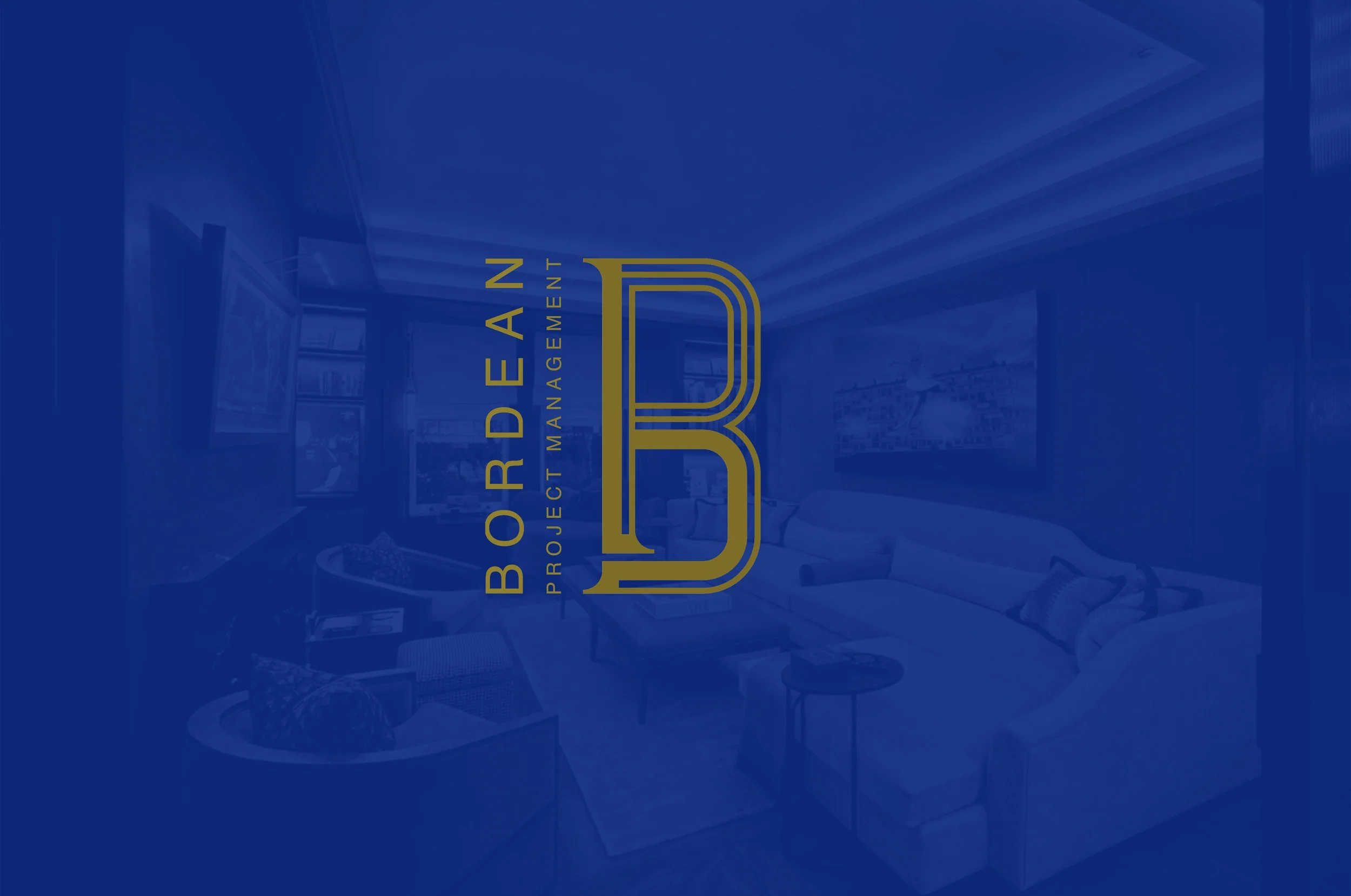 Logo of Bordean Project Management on a dark blue overlay, with a faint background of a modern living room with a large sectional sofa, wall-mounted TVs, and artwork.