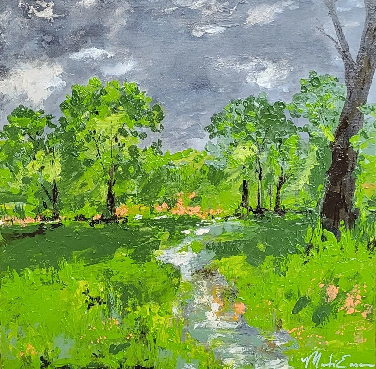 "Dry Creek Under Stormy Skies" Acrylic paint on canvas-20"x20" Juried Show-exhibited at General Gomez ARTS & Event Center (Auburn, CA)- 2025