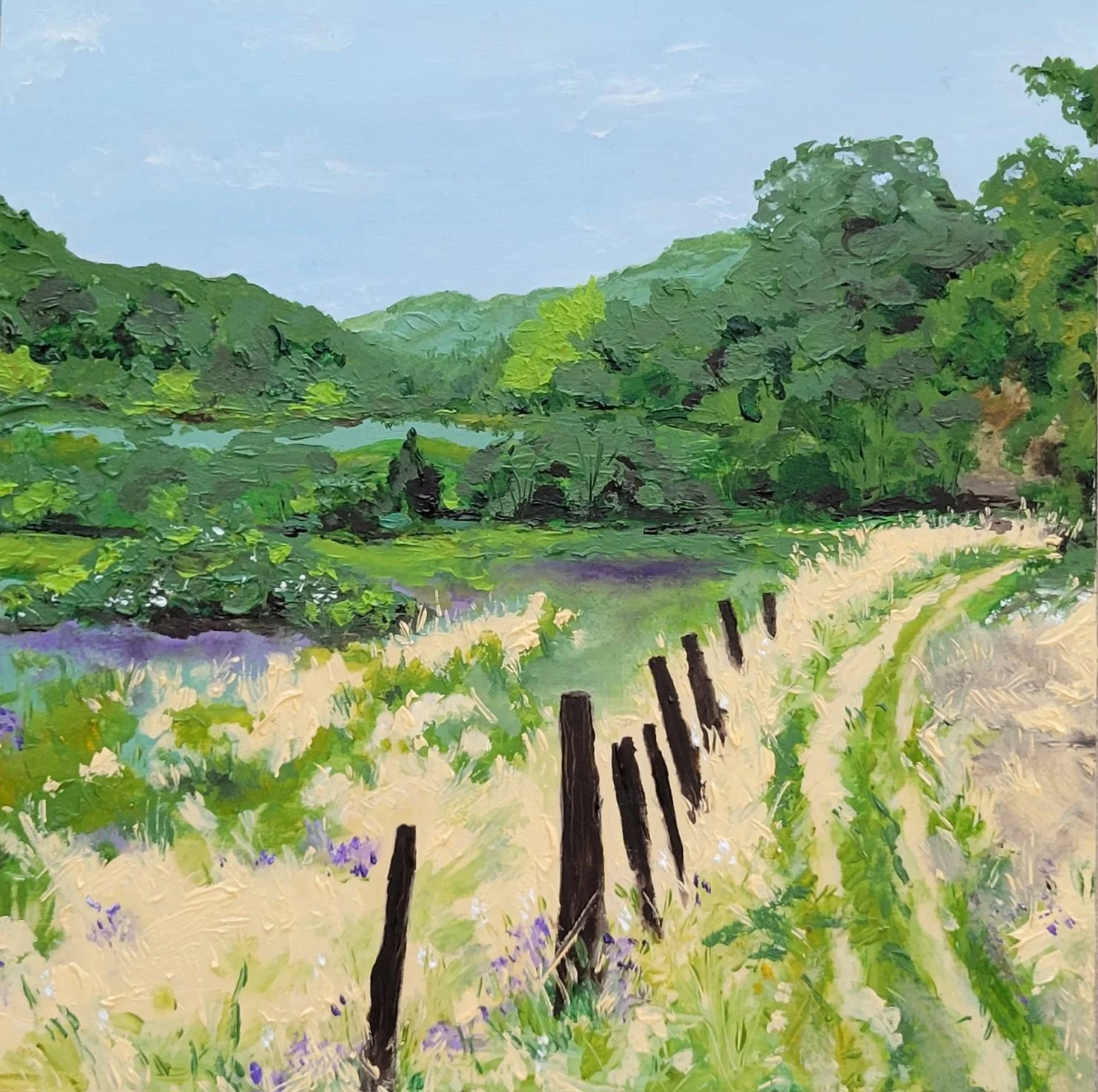 "Old Fence Posts along the Clover Valley Preserve Road"-oil on wooden panel (8" x 8" x1") 
*Selected for Natural Wonders Annual Plein Air Exhibit at General Gomez Arts & Event Center in Auburn, CA.-Show begins 7/9/26-7/27/26. Reception: 7/23/26; 4-7p