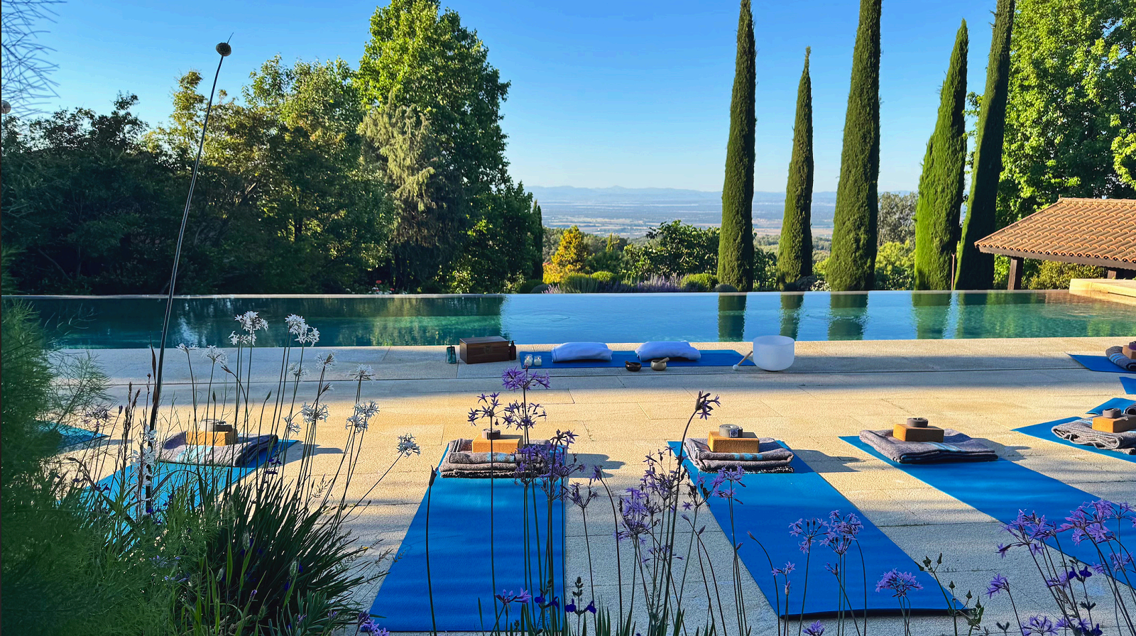 Piscina infinita con toallas y almohadas en un patio rodeado de árboles y plantas, con vista a un valle y montañas al fondo, en un día soleado.