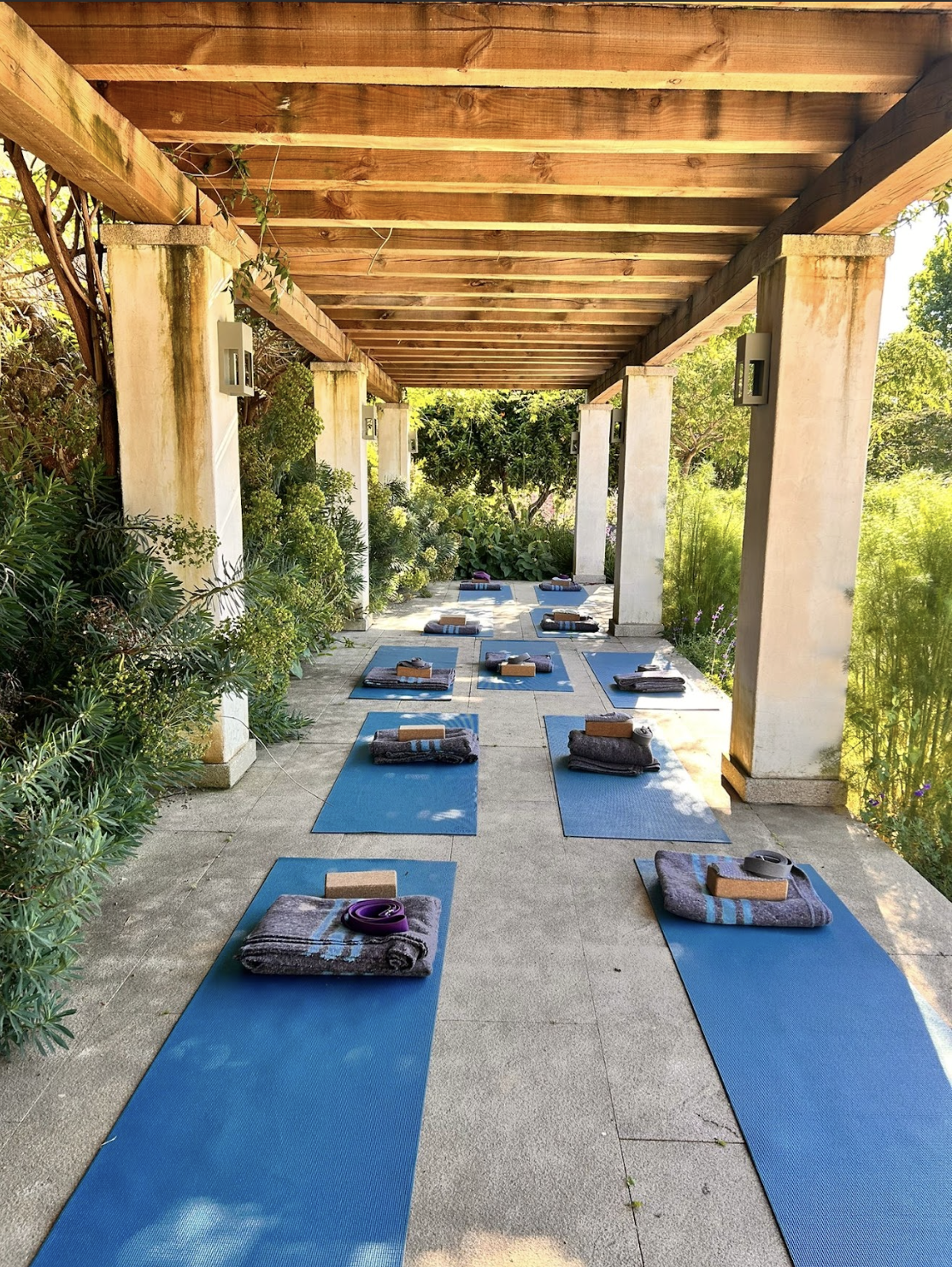 Siete colchonetas azules con toallas, bloques de yoga y cinturones accesorios para una clase de yoga, en un espacio al aire libre con plantas y sombra bajo un techo de madera.