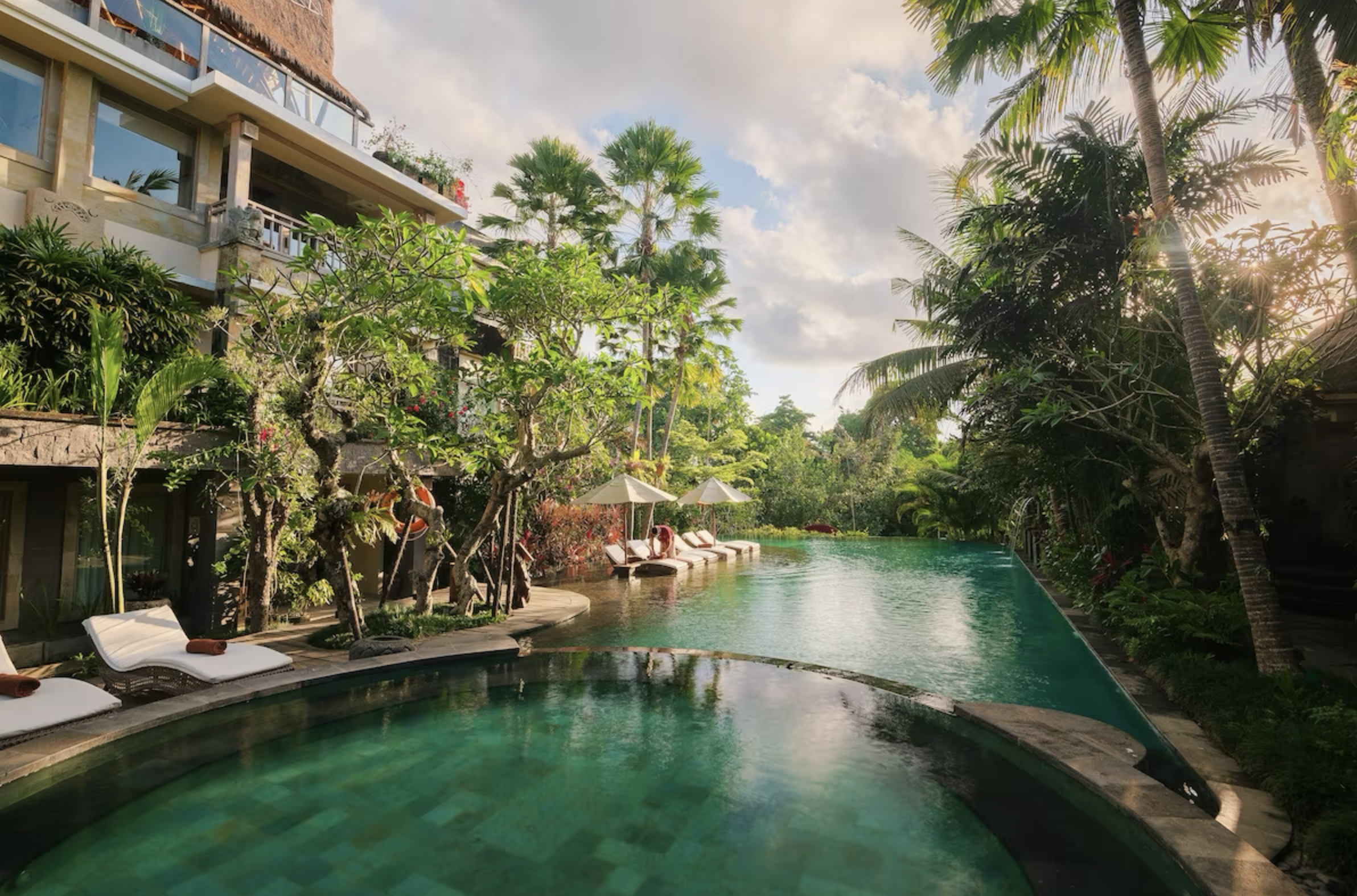 Piscina rodeada de palmeras y vegetación, con camastros y sombrillas, en un entorno tropical