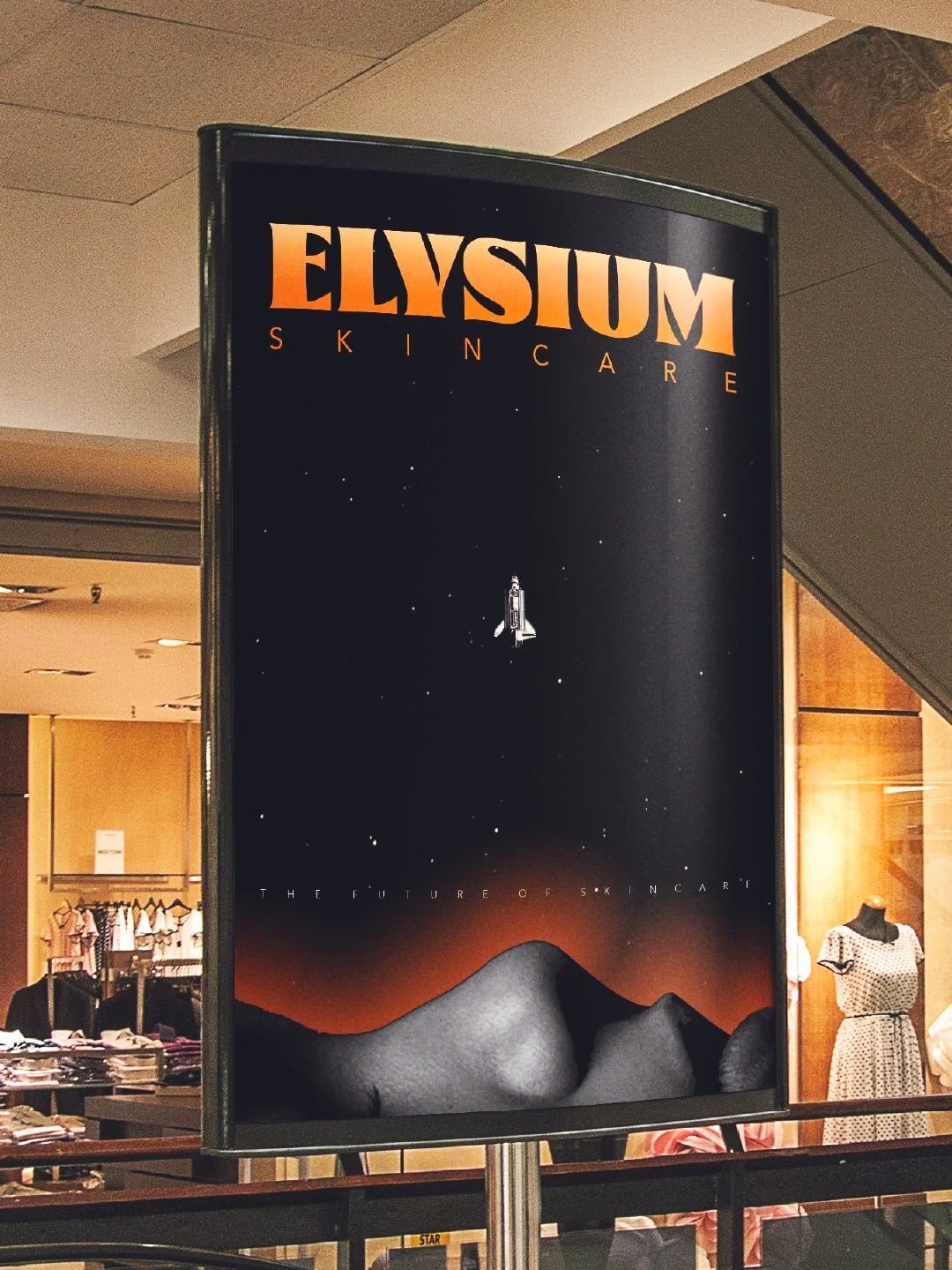 A vertical advertisement sign for Elysium Skincare featuring a space-themed design with a rocket ship flying through stars above dark mountains, and text reading "The future of skincare."
