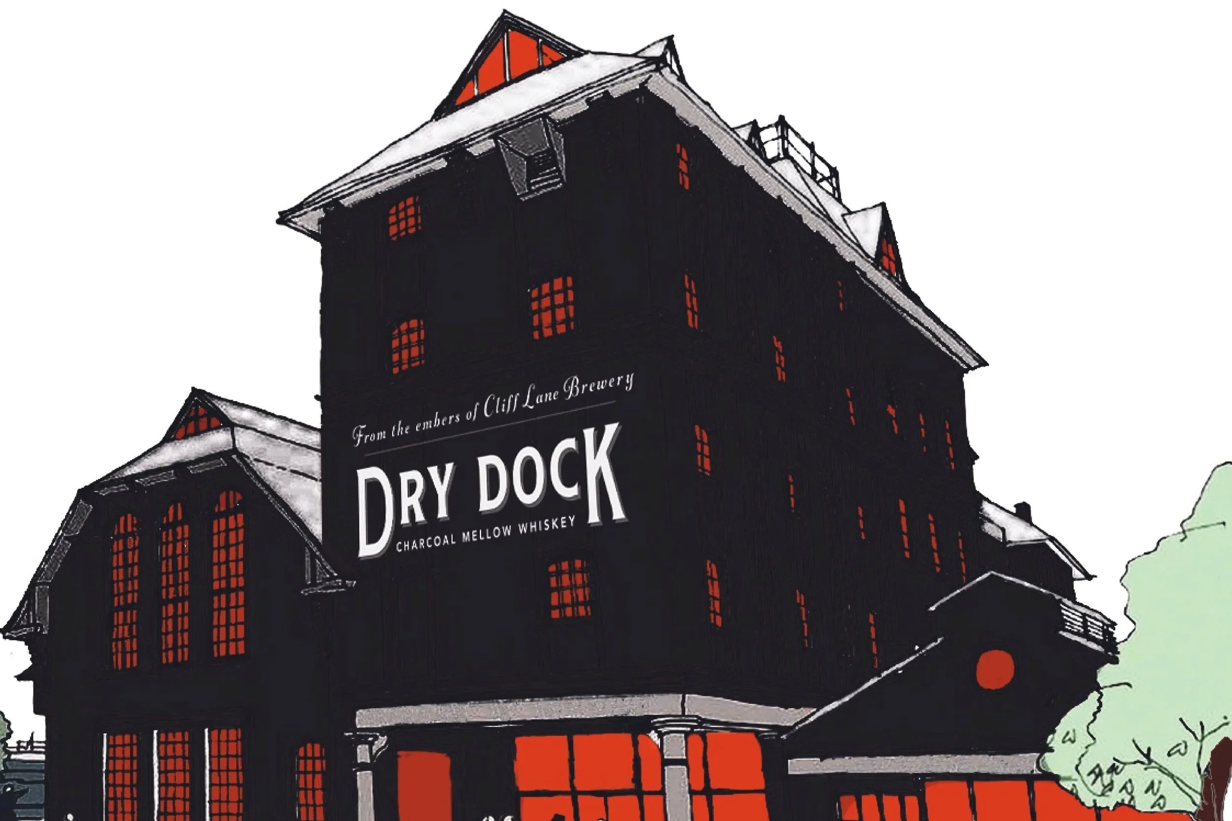 Illustration of a large, dark industrial-style building with red windows and a sign that reads "Dry Dock, Charcoal Mellow Whiskey," indicating it is associated with Cliff Lane Brewery.