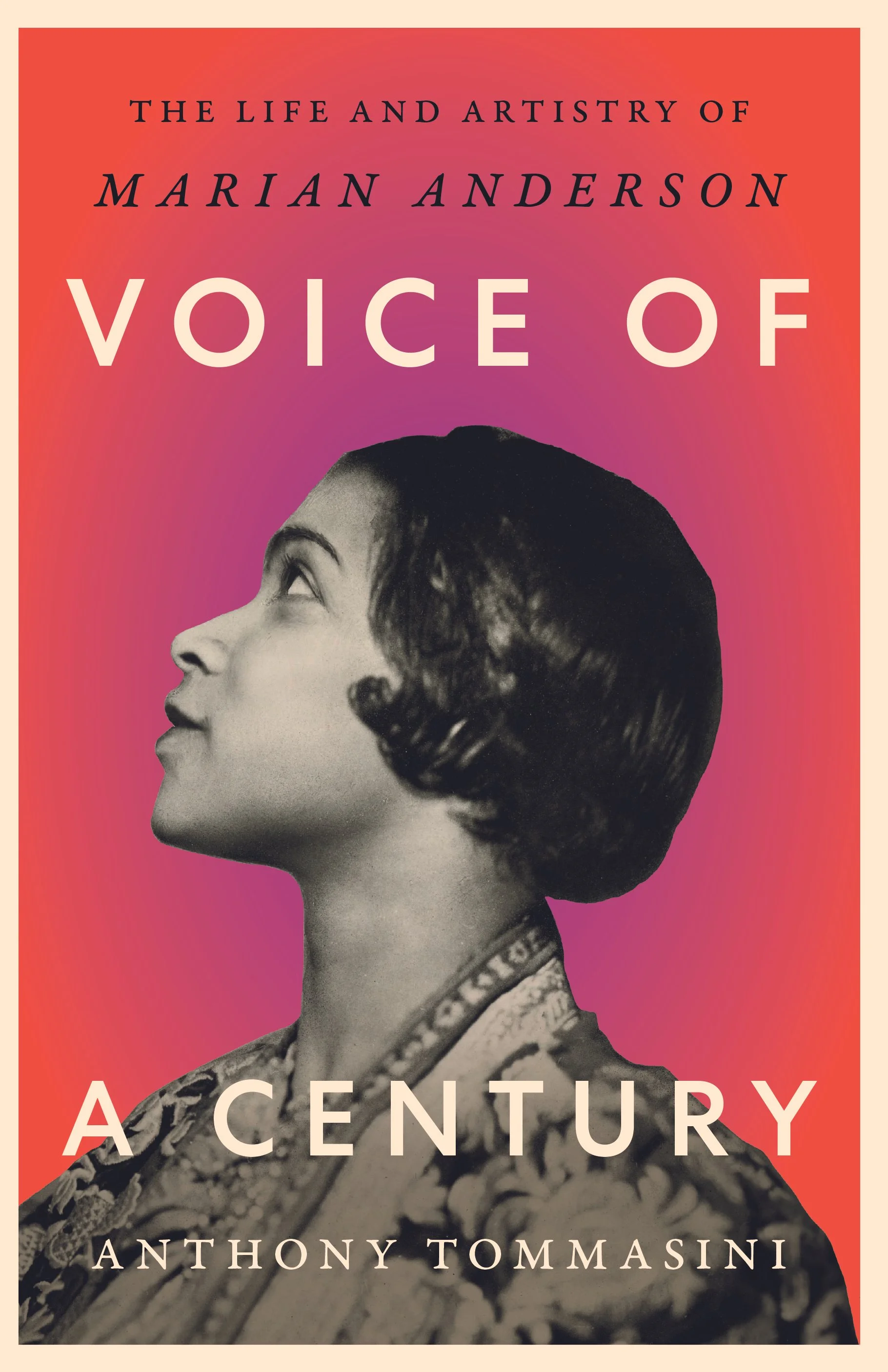 Book cover titled "Voice of A Century" by Anthony Tommasini, featuring a black and white portrait of a woman wearing a patterned dress, against a pink and orange gradient background.