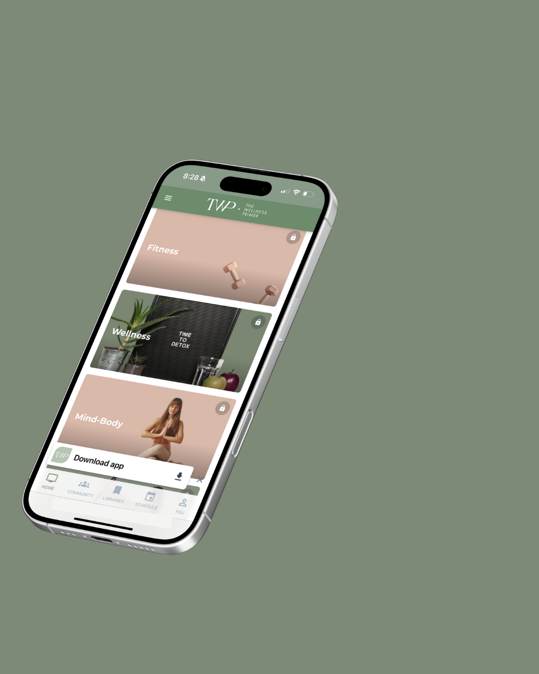 An iPhone displaying an app for wellness and fitness, with sections for Fitness, Wellness, and Mind-Body on a green background.