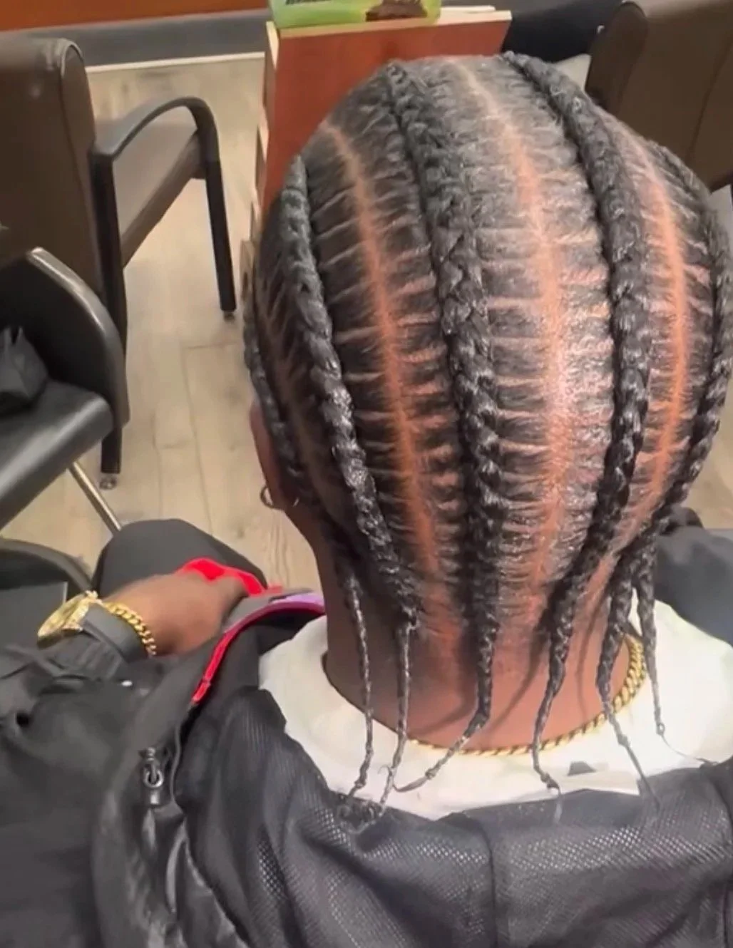 The image shows the back of a person with intricately styled hair in braided and twisted patterns.