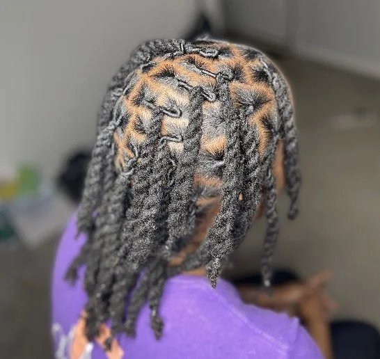 A person with gray and black dreadlocked hair wearing a purple shirt, sitting with their back to the camera.