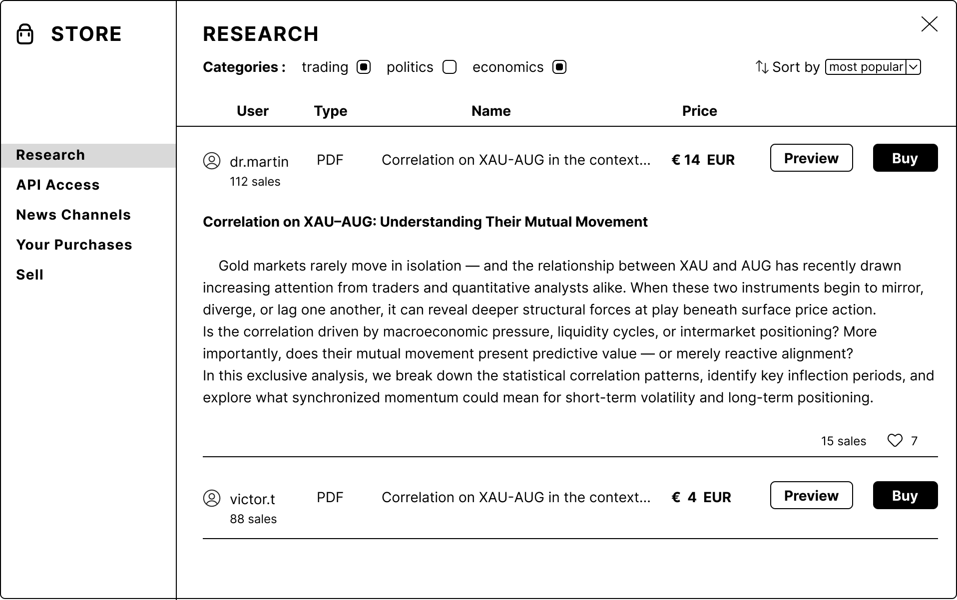 Research section of the application store.