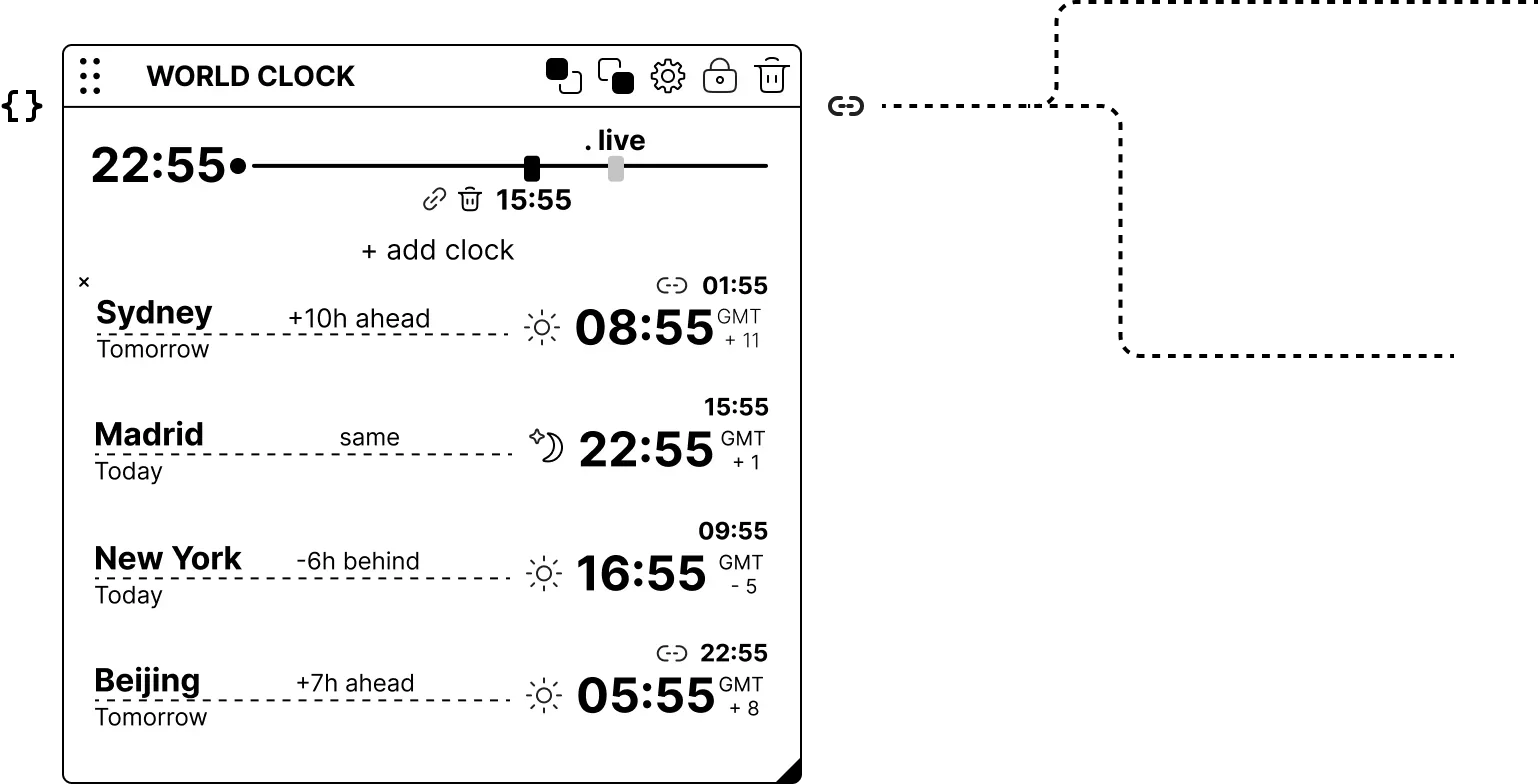 Application's  World Clock panel with 2 source connections.