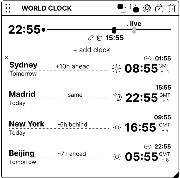 Application World Clock panel with 2 source connections.