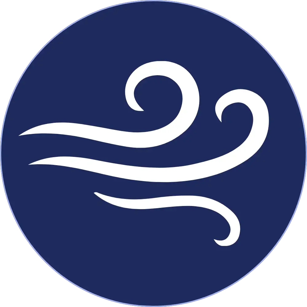 Wind icon with three white swirls on a navy blue circular background.