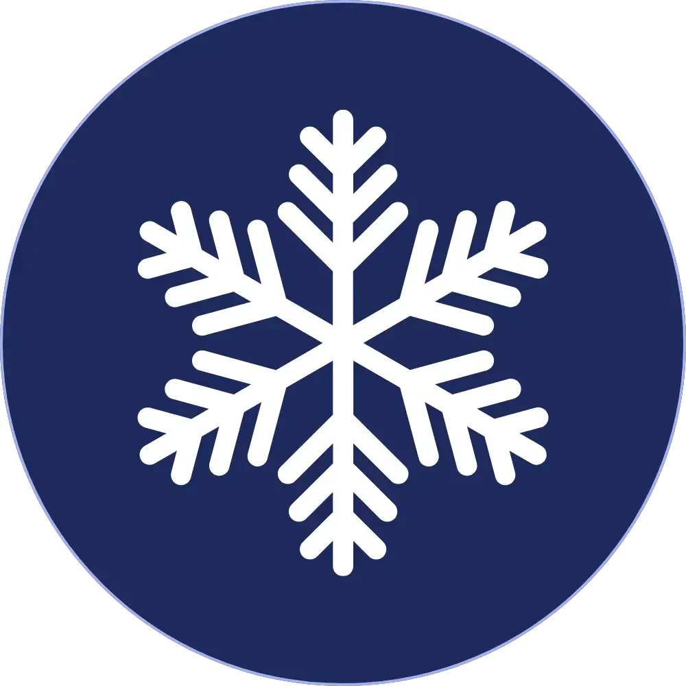 Snow icon with a white snowflake on a dark blue circular background.