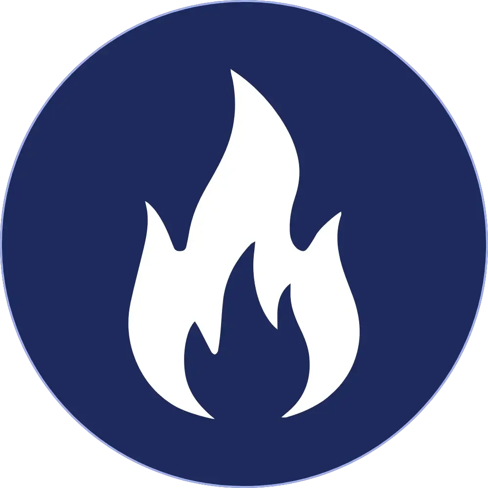 Heat icon with a white flame symbol on a dark blue circular background.