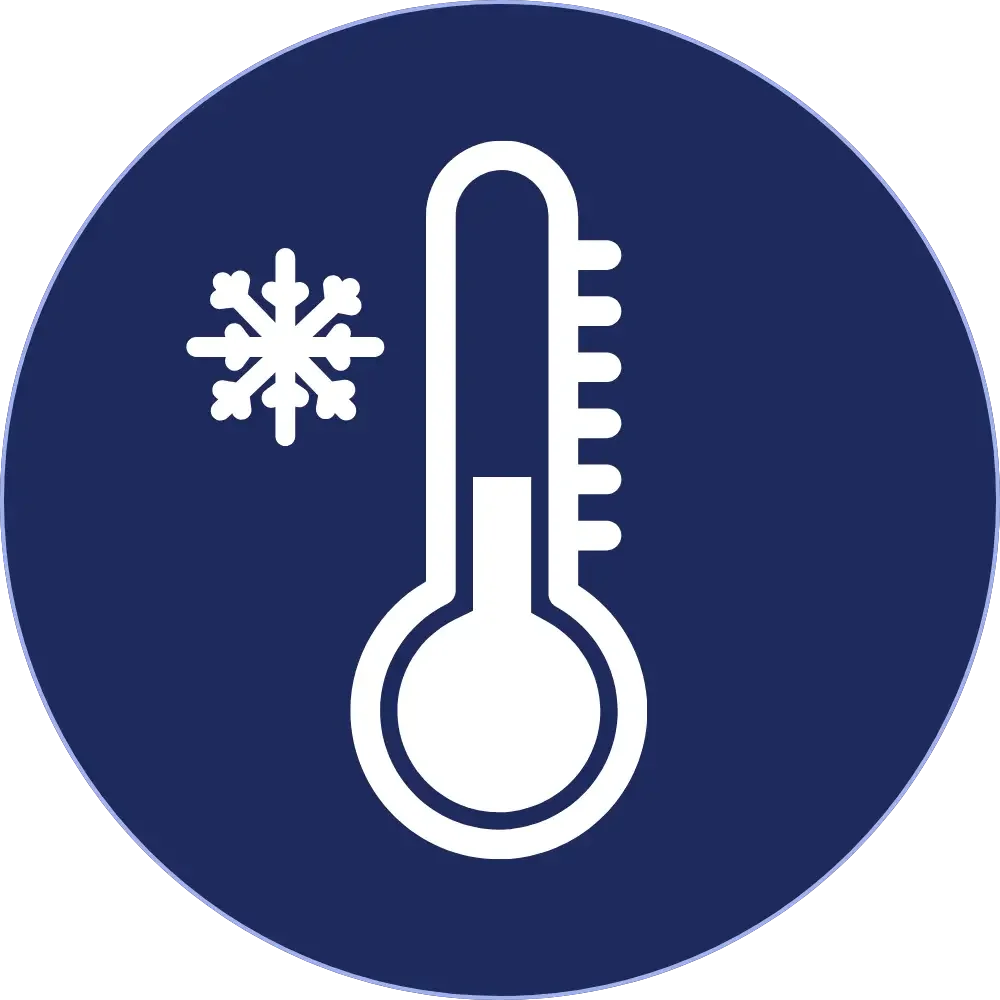 Cold weather icon with thermometer and snowflake symbols.