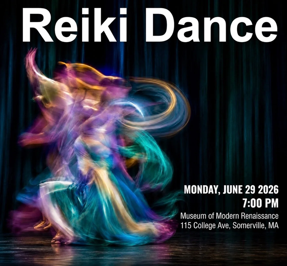 Reiki Dance: Rebirth 
📍Museum of Modern Renaissance, 115 College Ave, Somervile, MA 02144, 

🗓 June 29 7:00 - 9:00 pm. Doors close at 7:10 pm. 

Reiki Dance is a meditation in movement where live music, Reiki, and mindful somatic flow come together