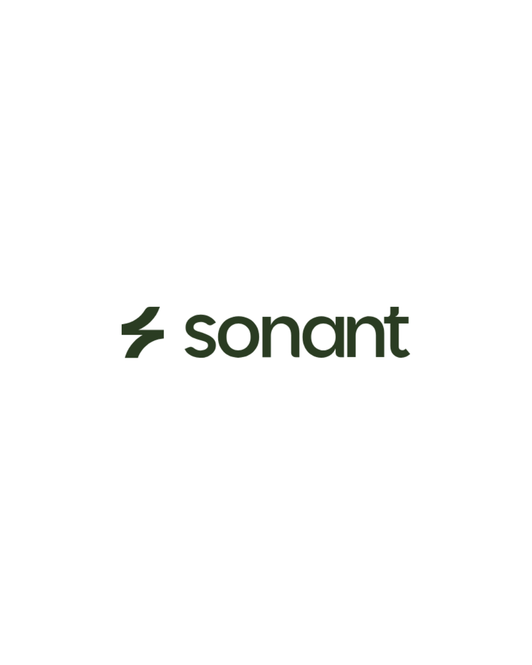 Logo with a stylized leaf icon and the text 'Sonant' beneath it, in dark green.