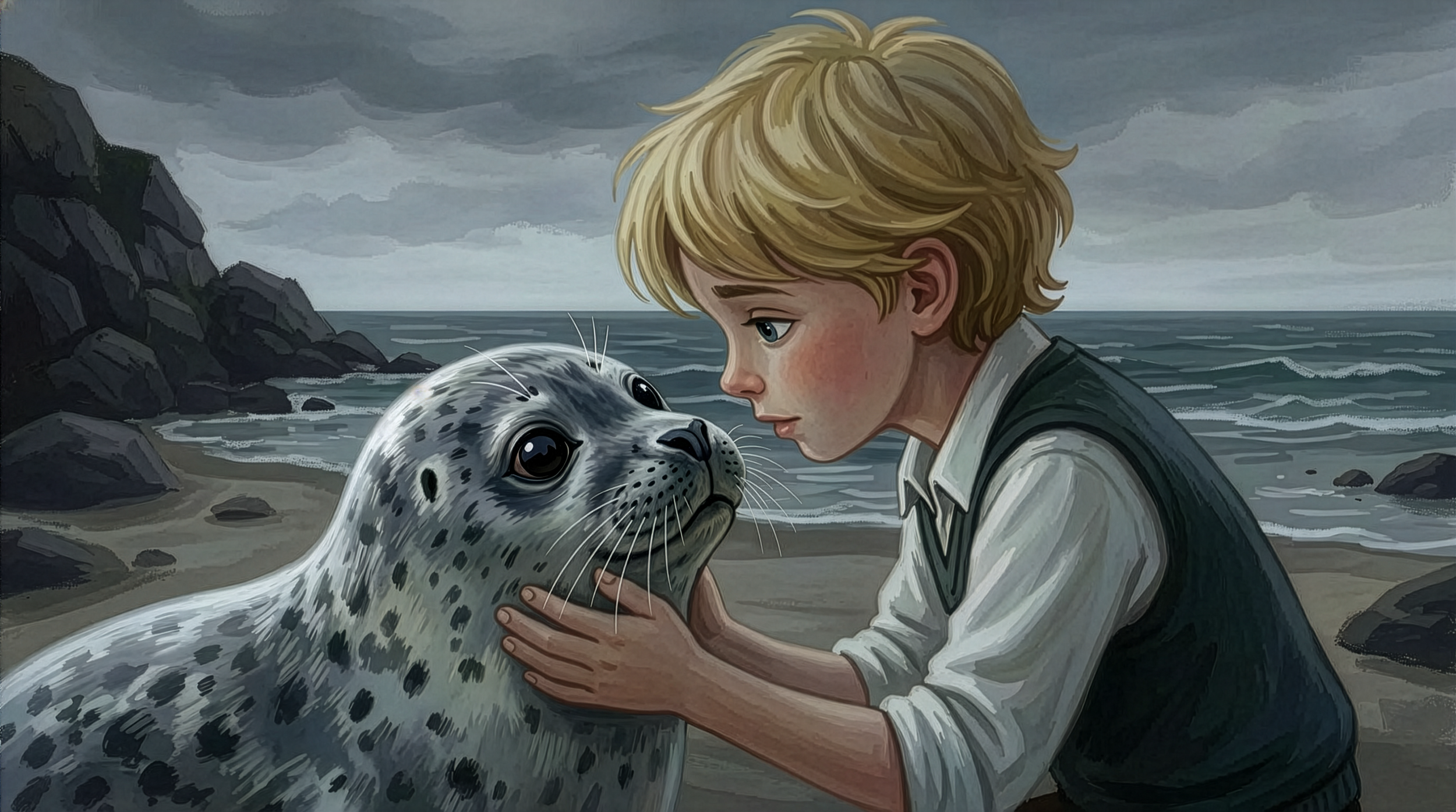 A young boy with blond hair gently holding the face of a seal on the beach, with rocks and the ocean in the background under a cloudy sky.