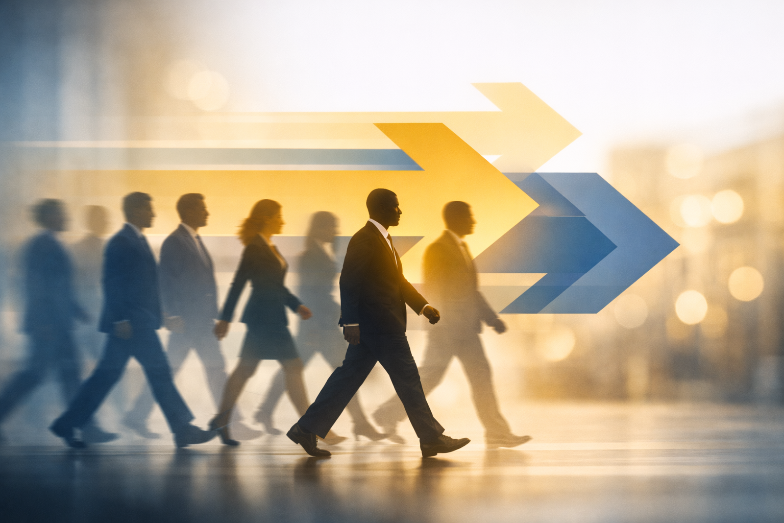A group of business professionals, dressed in suits, walking in a line in front of a large graphic of arrows pointing to the right on a bright, blurred city background.