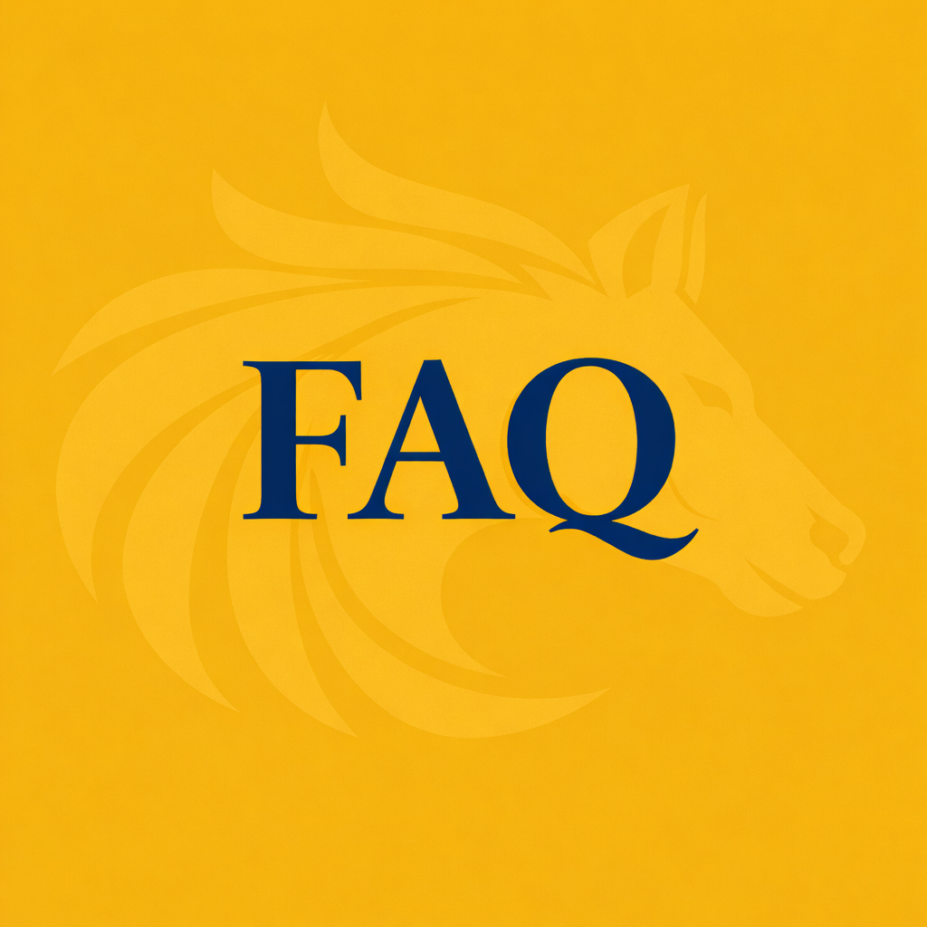 Yellow background with a fire horse silhouette and the bold blue text 'FAQ' in the center.
