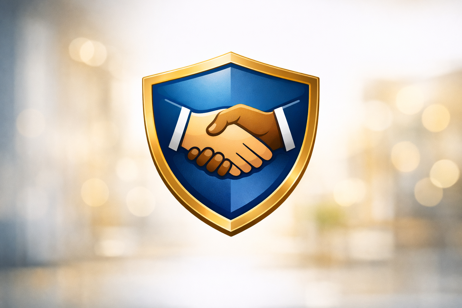 Shield emblem with handshake symbol, representing security, trust, and partnership.