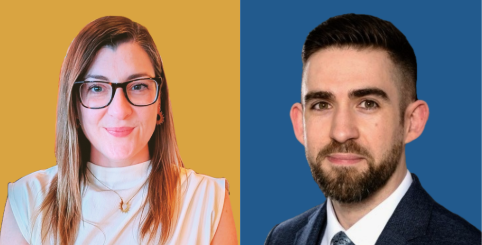 Split-screen portrait of a woman with glasses and a woman with dark hair and a beard, both in professional attire. They are the two founders of the business Cantrell Consulting.
