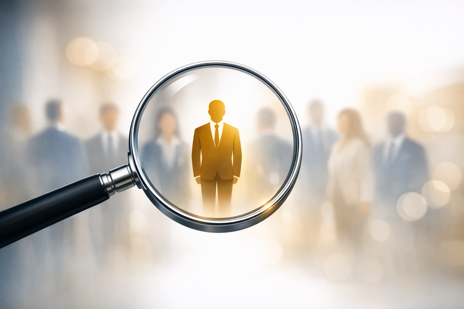 Magnifying glass focusing on a silhouette of a businessman in a suit, with blurred people in the background.