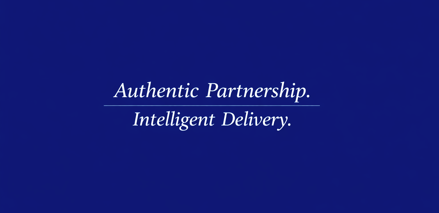 Blue background with white text that reads "Authentic Partnership. Intelligent Delivery."