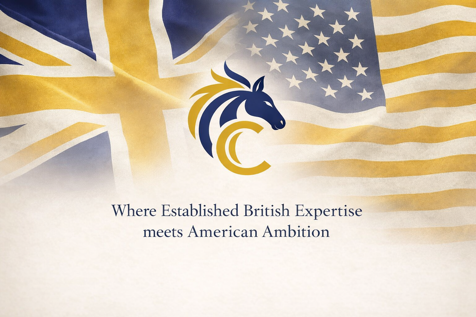 A graphic featuring the UK and American flags with a logo of a blue and yellow horse head in the center. Below the logo, the text reads 'Where Established British Expertise meets American Ambition.'