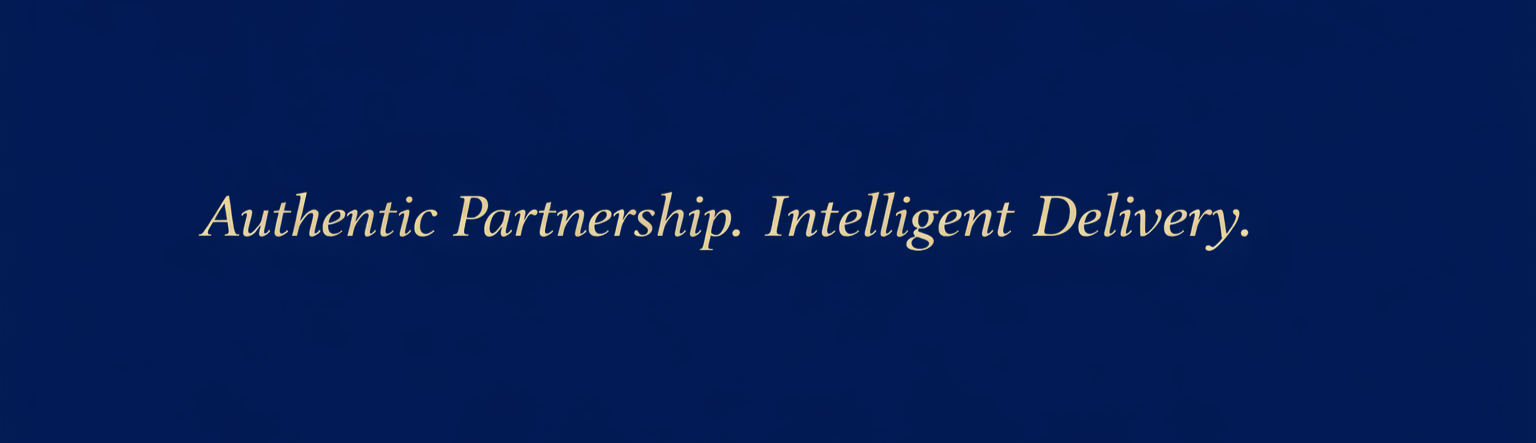 Text on blue background that reads "Authentic Partnership. Intelligent Delivery."