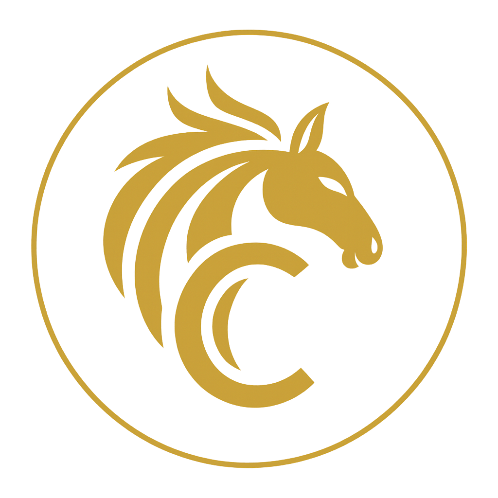 Gold logo of a horse's head inside a circular border, with a stylized letter C below the head.
