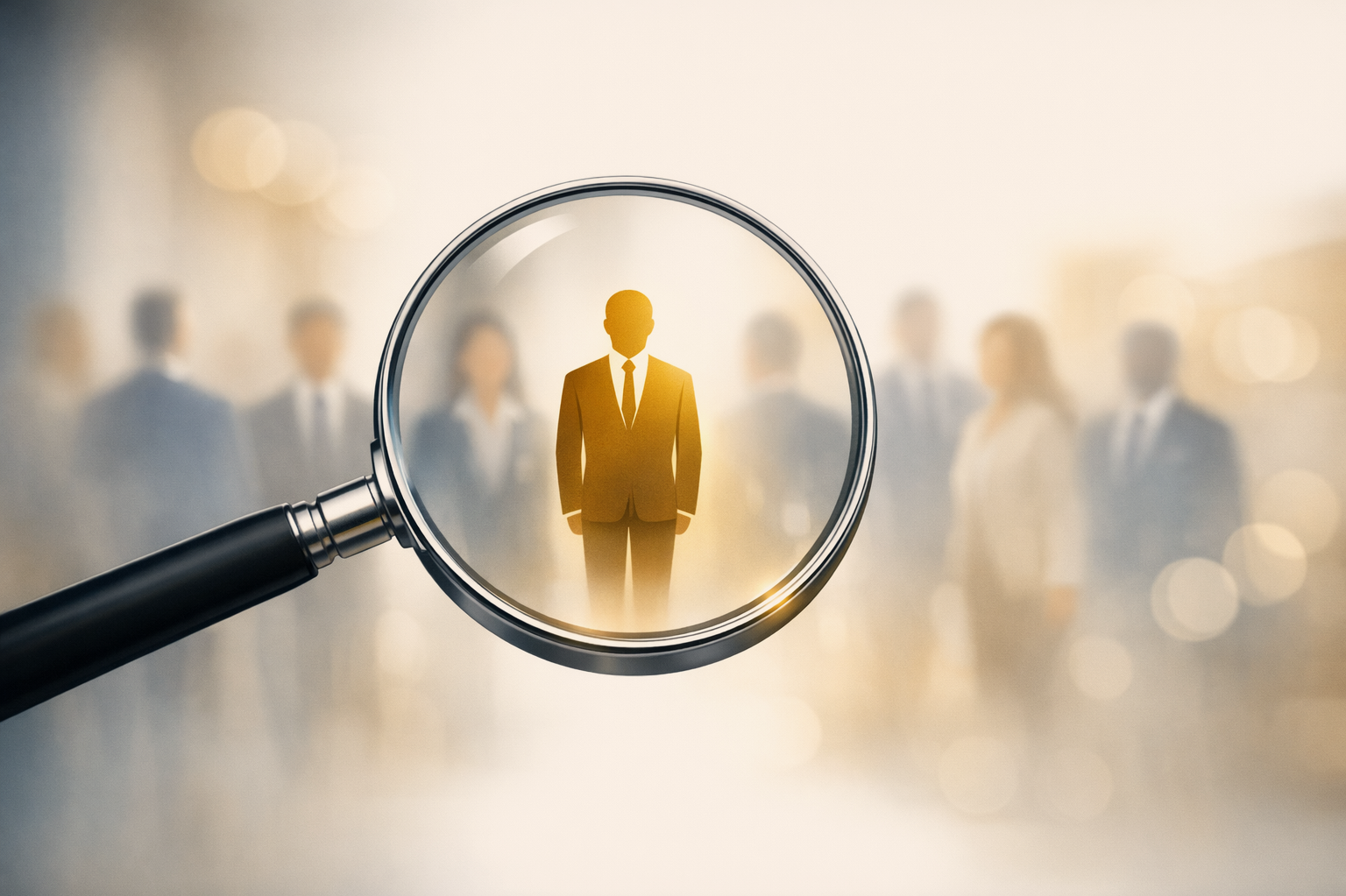 A group of blurred business professionals with a magnifying glass focusing on a silhouetted businessperson in the center.