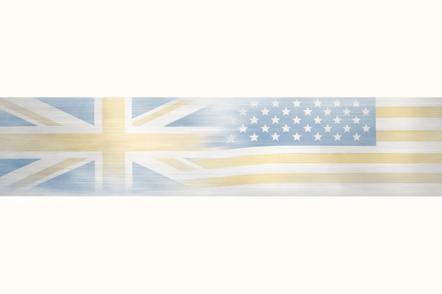 A blended image of the United States flag and the United Kingdom flag in a pallet of muted blues and yellows.