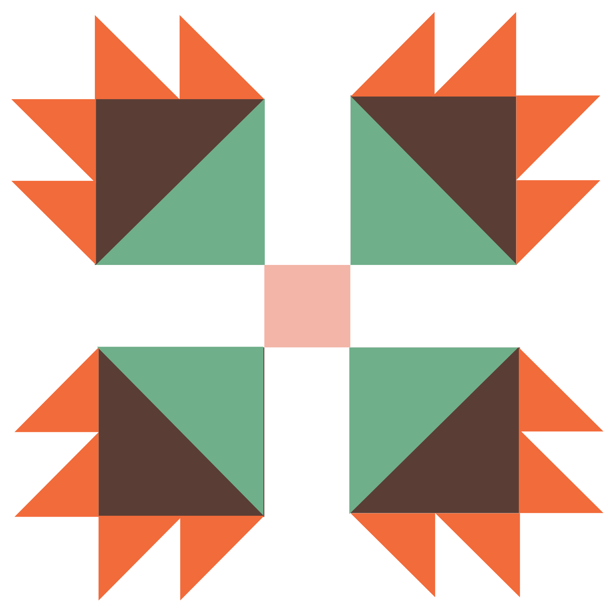 A symmetrical geometric design with triangles and diamond shapes in shades of orange, green, brown, and pink on a black background.