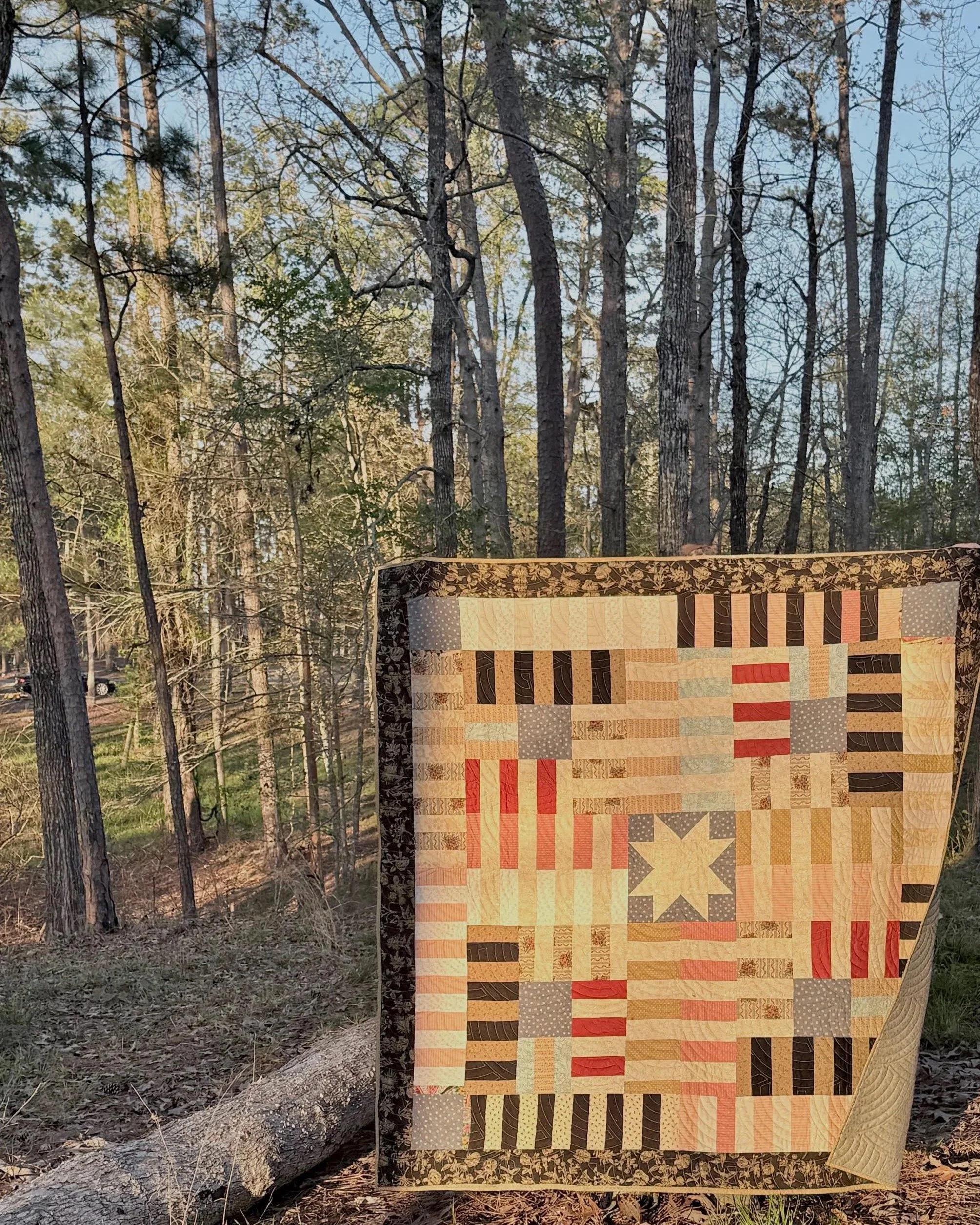 A quilt hanging outdoors in a wooded area with trees and logs. The quilt has a pattern of various earth-tone fabrics arranged in a geometric design.
