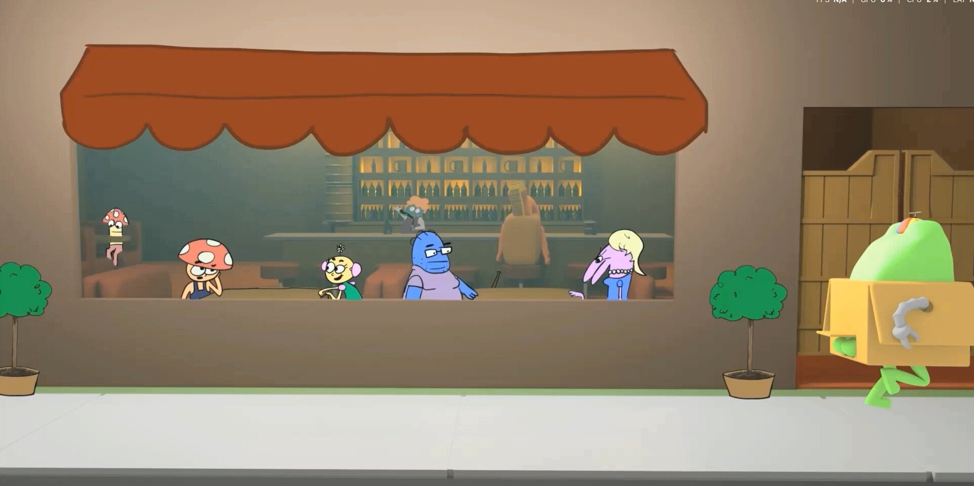 A still from the film "Boxfrog Adventures." Animated scene of various cartoon characters, including mushrooms, a fish-like creature, a rabbit, and a frog in a box.