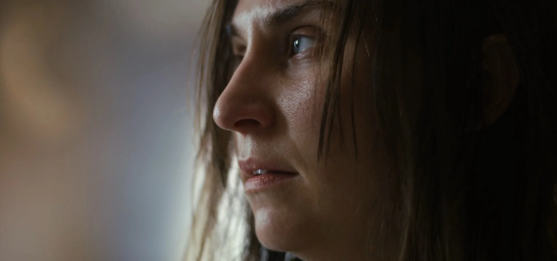 A still from the film "When the Night Falls." Close-up of a woman's face with brown hair, looking thoughtfully to the side in soft lighting.