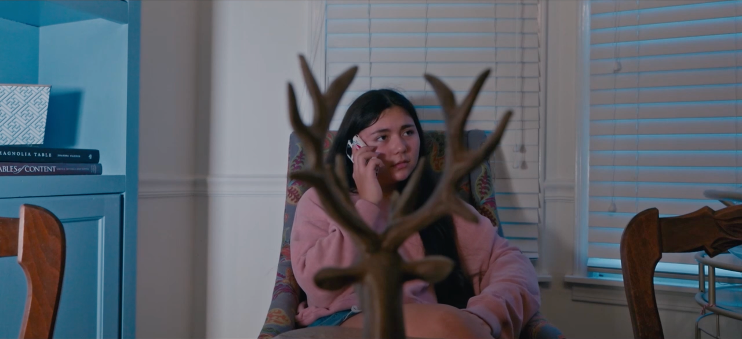 A still from the film "Route 17." A young girl with long dark hair, talking on a cellphone. In the foreground, a decorative wooden antler sculpture obscures part of her face.