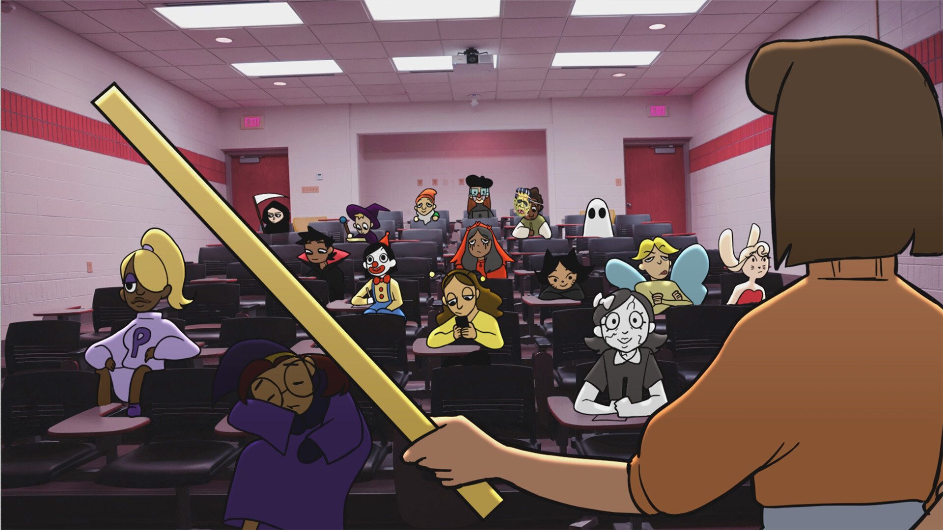 A still from the film "Phobophobia." Animated scene of a classroom with diverse students sitting at desks.