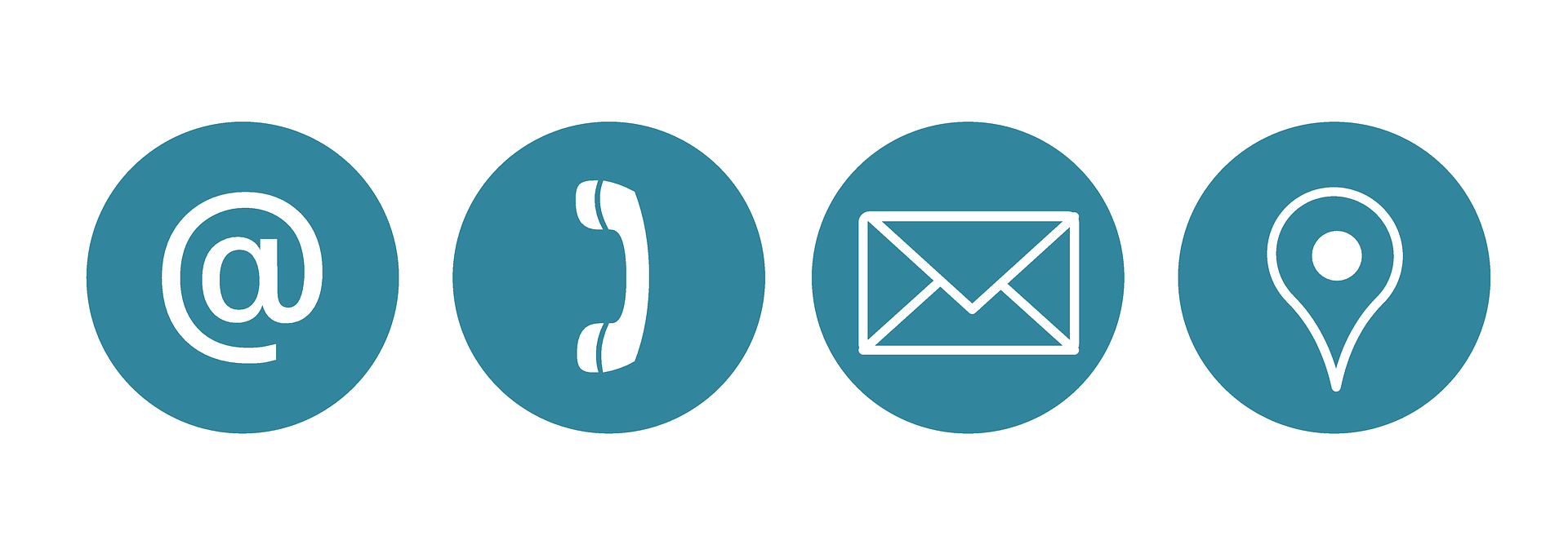 Quatre icônes bleues rondes représentant , un symbole d'email, un téléphone fixe, une envelope pour la messagerie, et une localisation GPS.