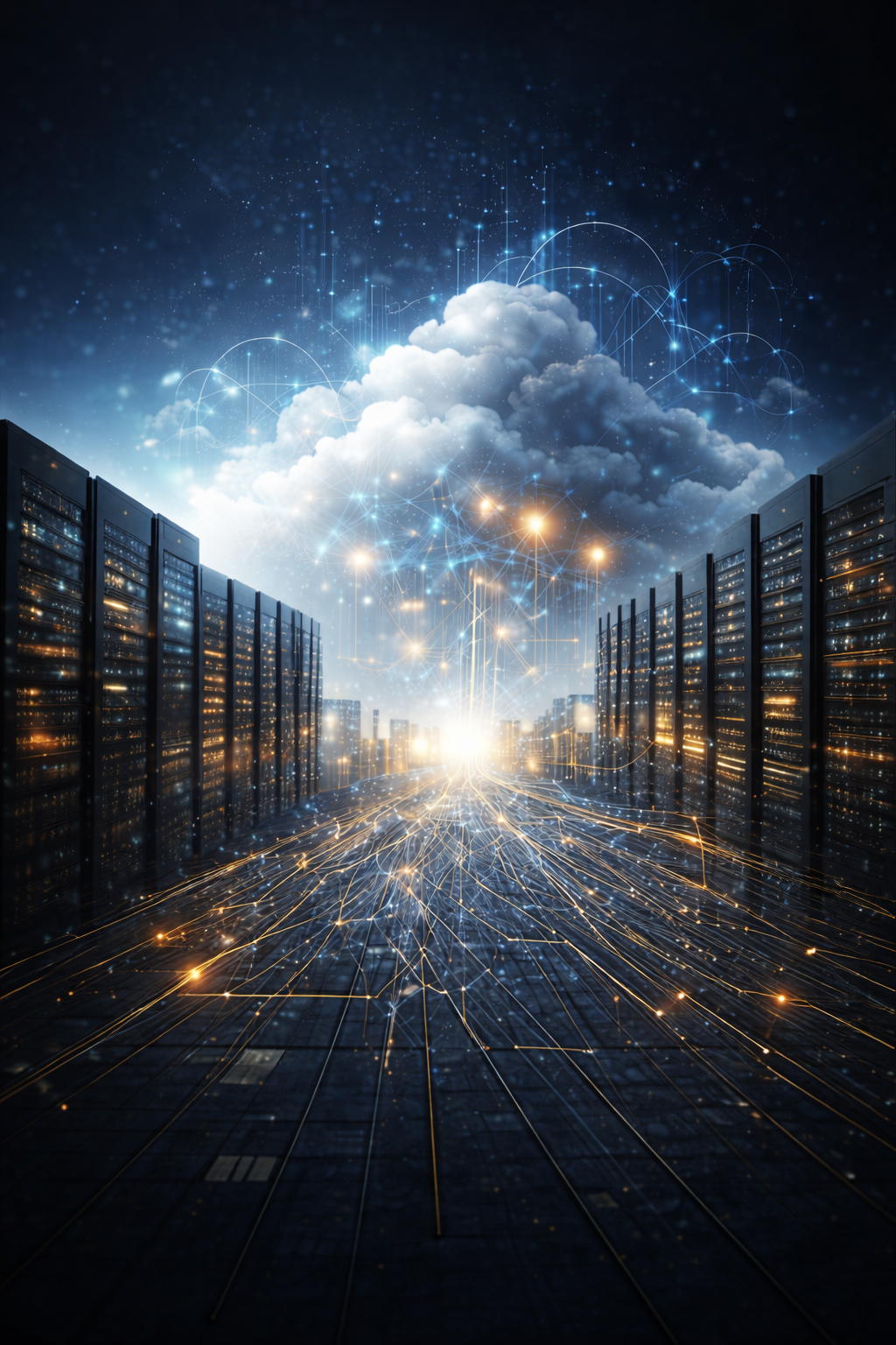 Une image numérique représentant un centre de données avec des serveurs, un ciel nuageux avec une explosion de données sous forme de points lumineux et de lignes de connexion, évoquant la technologie cloud et le transfert de données à grande échelle.