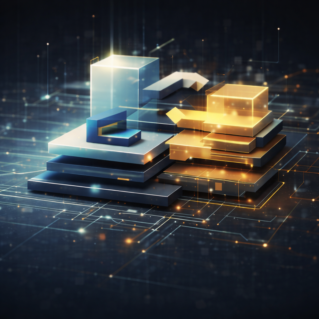 Représentation numérique de trois piles de blocs, symbolisant des barres de graphique, avec un éclairage brillant et des lignes de données en arrière-plan.