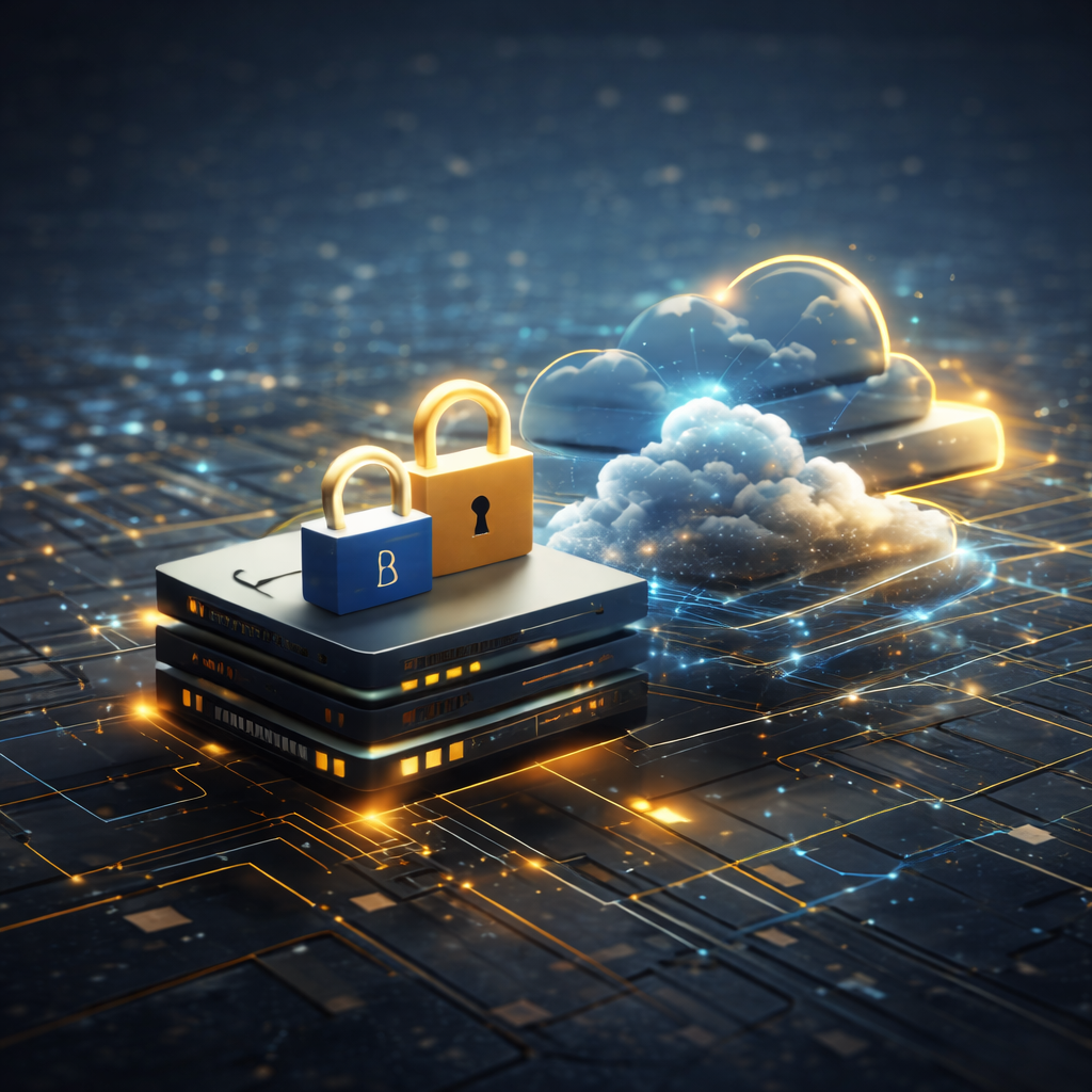 Illustration technologique avec deux cadenas, un en bleu et un en or, posés sur un serveur, avec des nuages entourés de lumières, représentant la sécurité cloud et la protection des données.